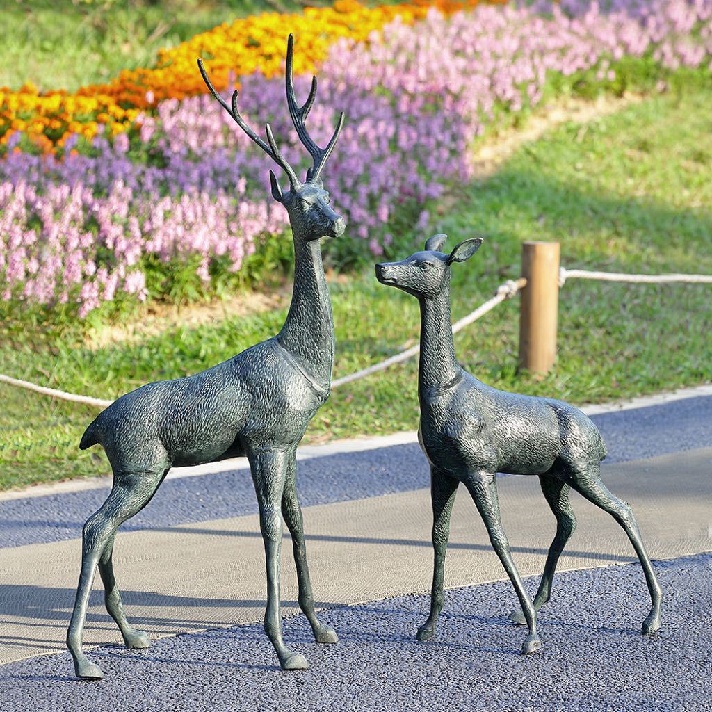 SPI Handmade Verdigris Aluminum Woodland Watchers Stag and Deer Sculpture Pair