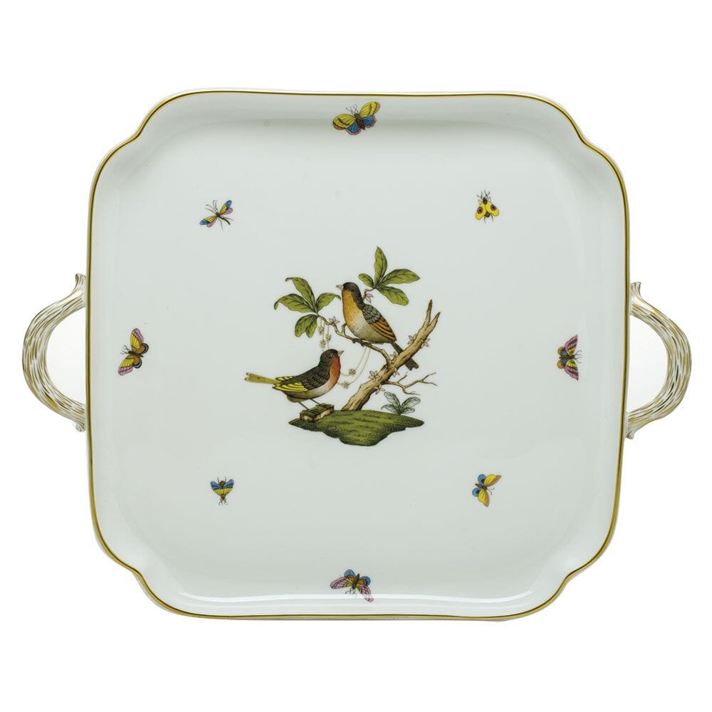Exquisite Herend Rothschild Bird Patterned Square Porcelain Tray with Convenient Handles