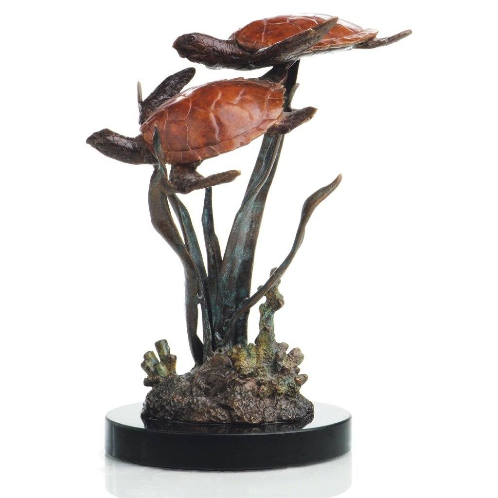 Double Turtles in Lagoon Encounter - Handmade Brass Sculpture with Marble Base