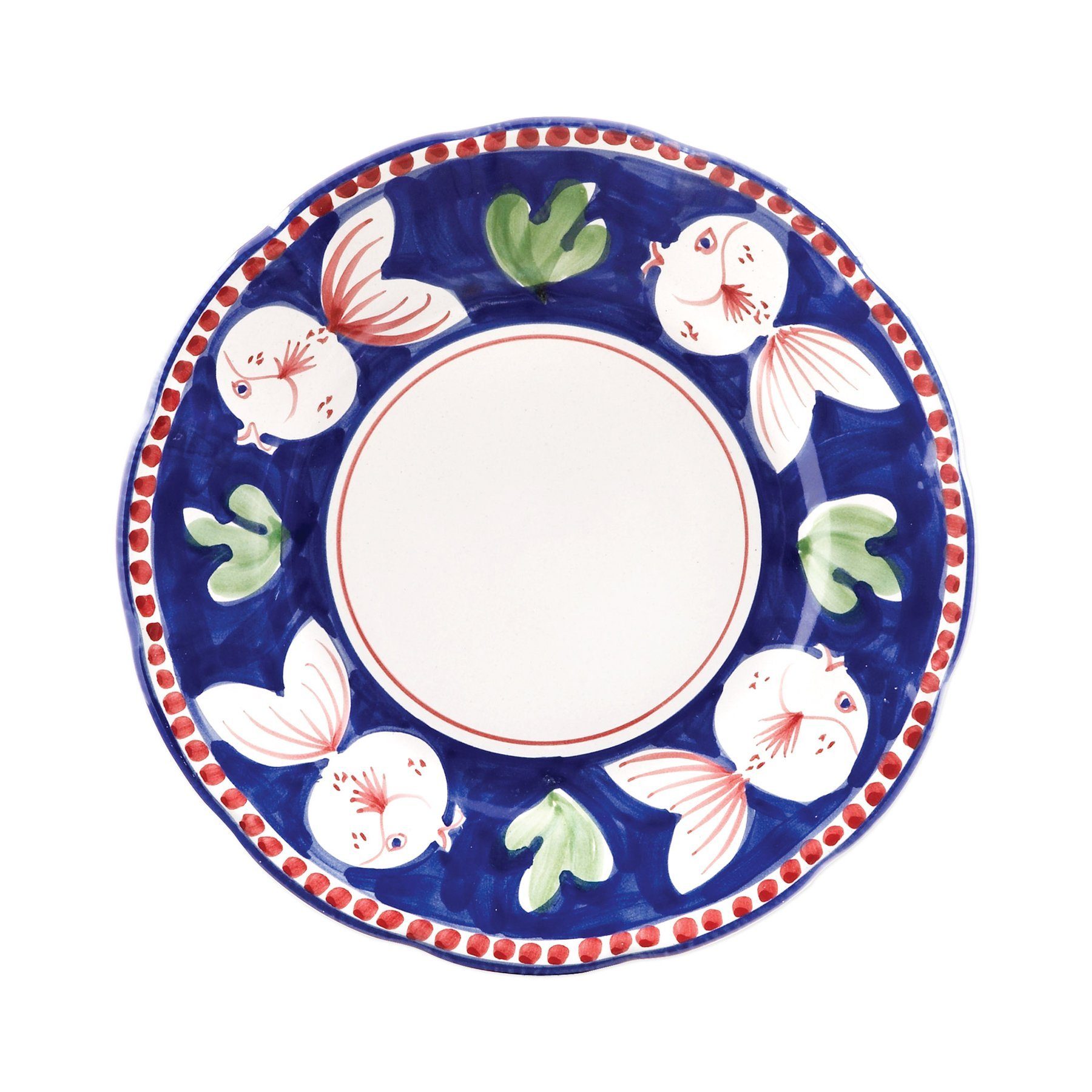Vietri Campagna Pesce Hand - painted Dinner Plate with Red - Accented Cut Fish Design on Deep Blue Background