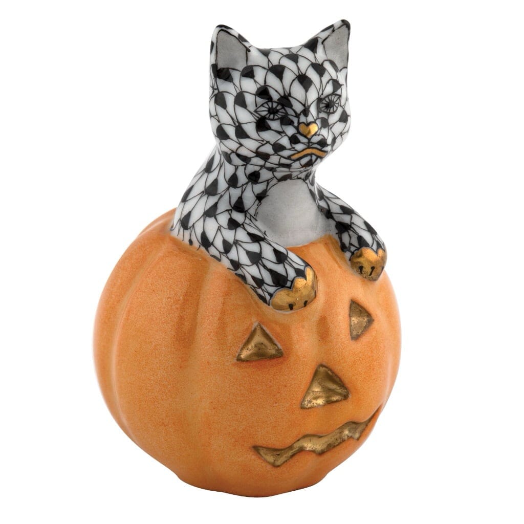Handmade Herend Jack O Lantern Style Kitty Porcelain Figurine for Decor