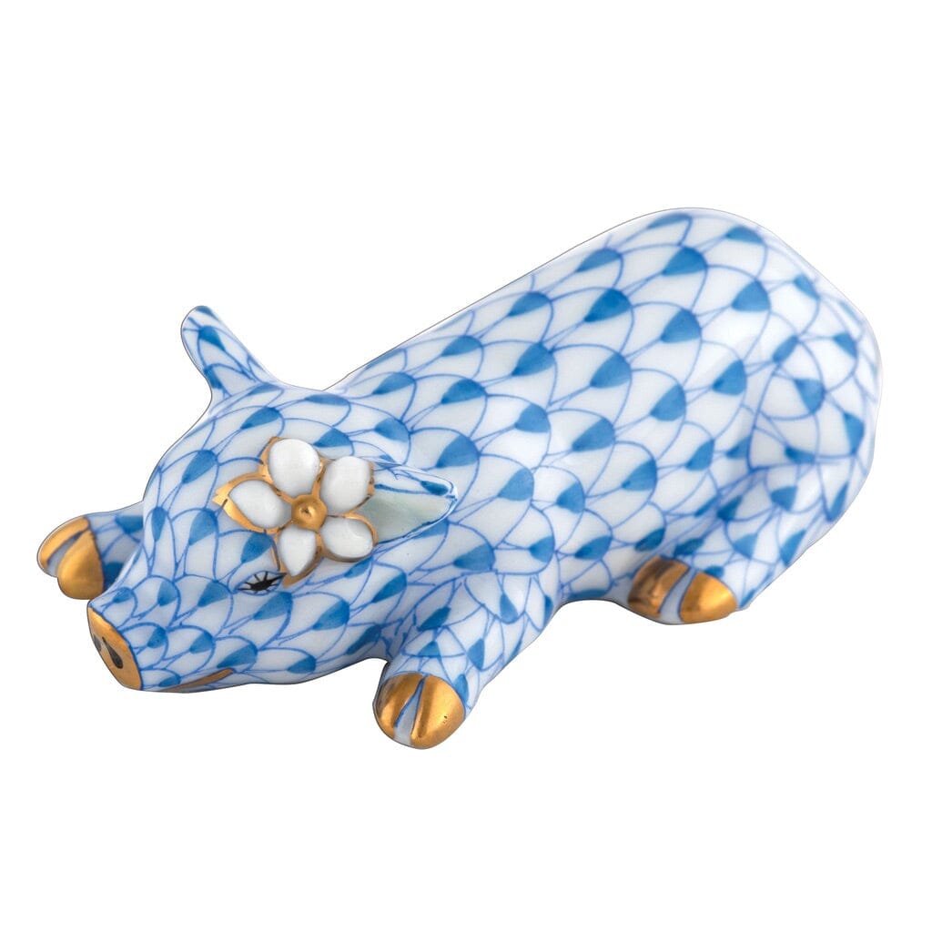 Exquisite Handmade Herend Porcelain Figurine of Daisy the Pig with a Daisy on Her Ear