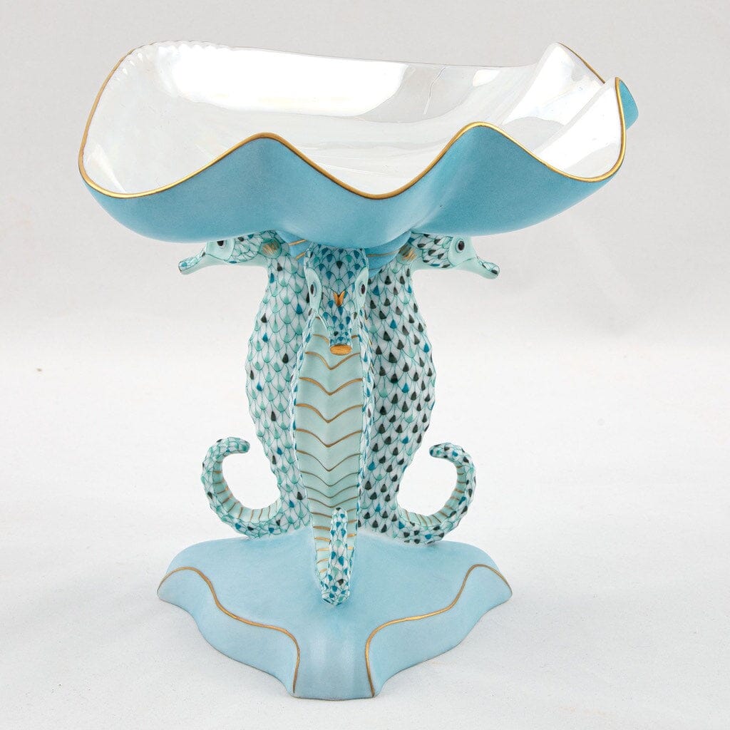 Limited Edition Herend Hand - painted Porcelain Seahorse Shell Compote