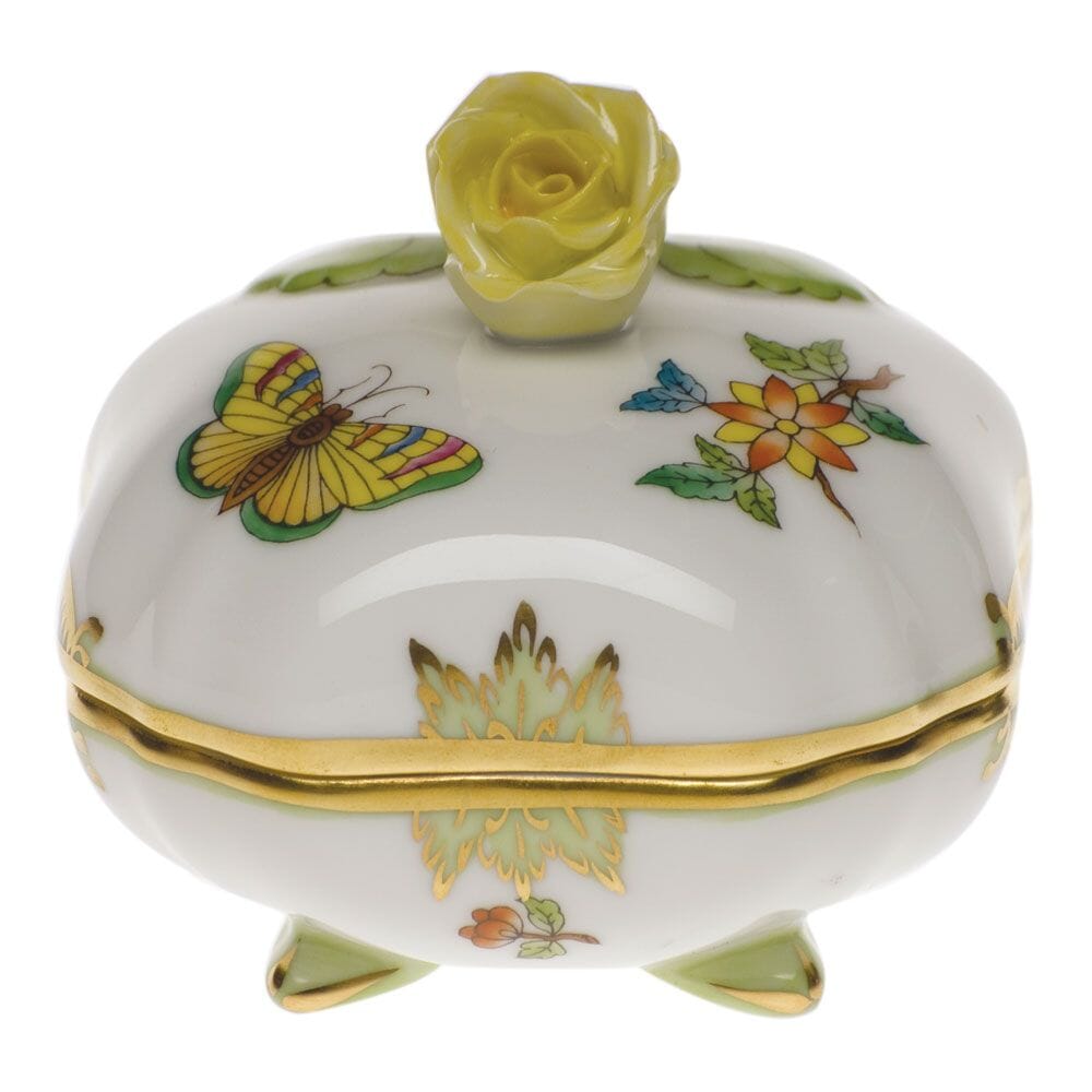 Hand - painted Herend Queen Victoria Covered Bonbon Dish with Rose and 24K Gold Accents