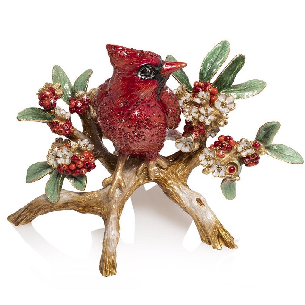 Exquisite Jay Strongwater Hand - Enameled Red Cardinal on Flower Branch Figurine