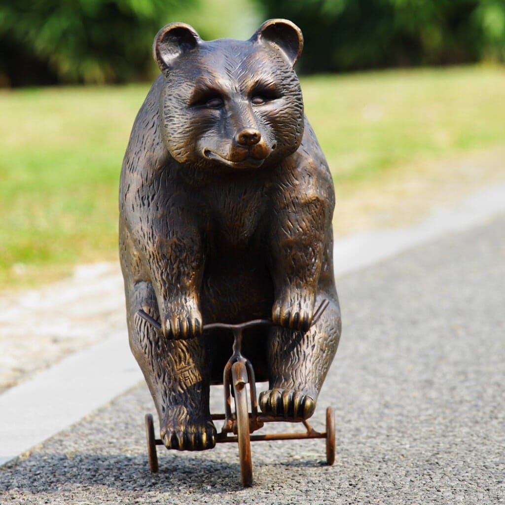 Bronze-Colored Big Bear Sitting on a Small Tricycle Aluminum Garden Sculpture