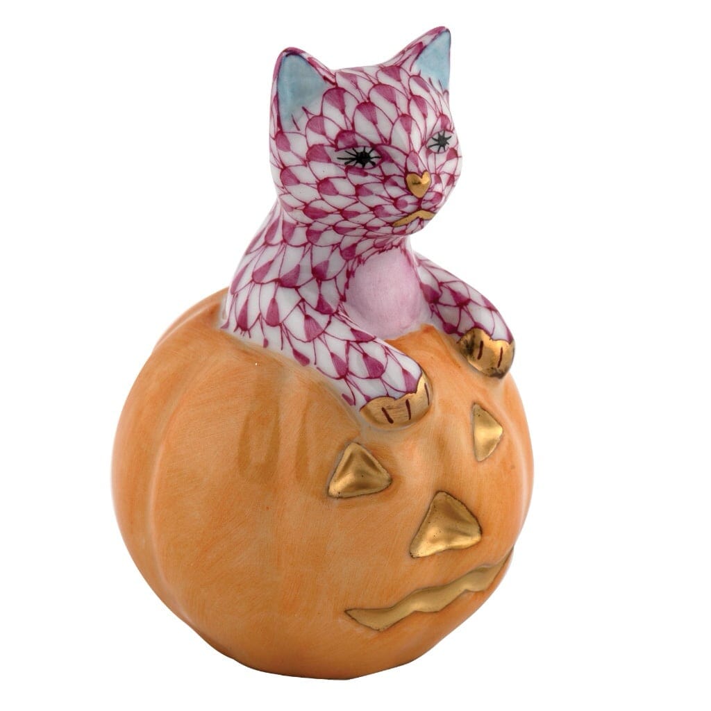 Handmade Herend Jack O Lantern Style Kitty Porcelain Figurine for Decor
