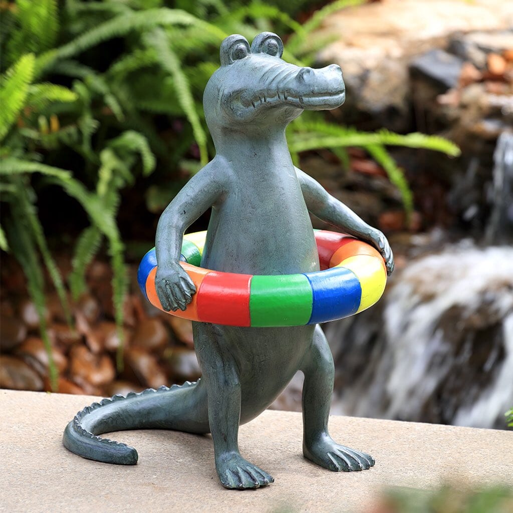 SPI Aluminum Garden Pool Ornament - Time Gator Sculpture with Multicolored Pool Floatie