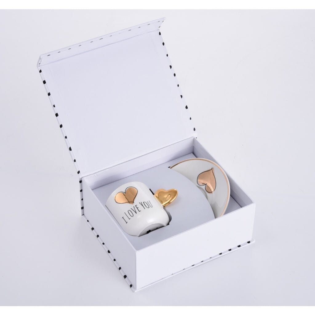 Pampa Bay High - fired White Porcelain Heart - shaped Coffee Cup & Saucer Set with Gold Titanium Finish