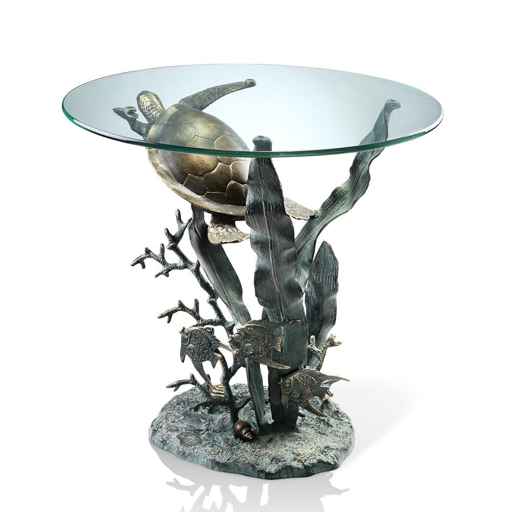 SPI Home Coastal Sea Turtle Aluminum End Table with Glass Top