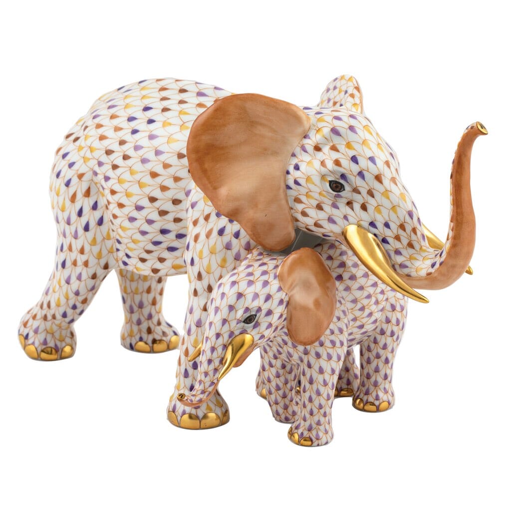 Limited Edition Herend Hand - painted Mother and Baby Elephant Porcelain Figurine