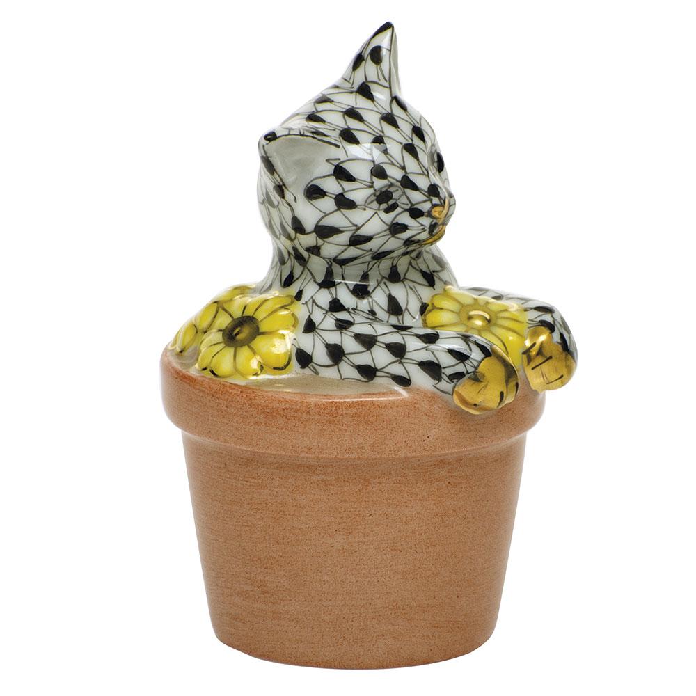 Exquisite Hand - painted Herend Kitty Figurine in Flower Pot Style