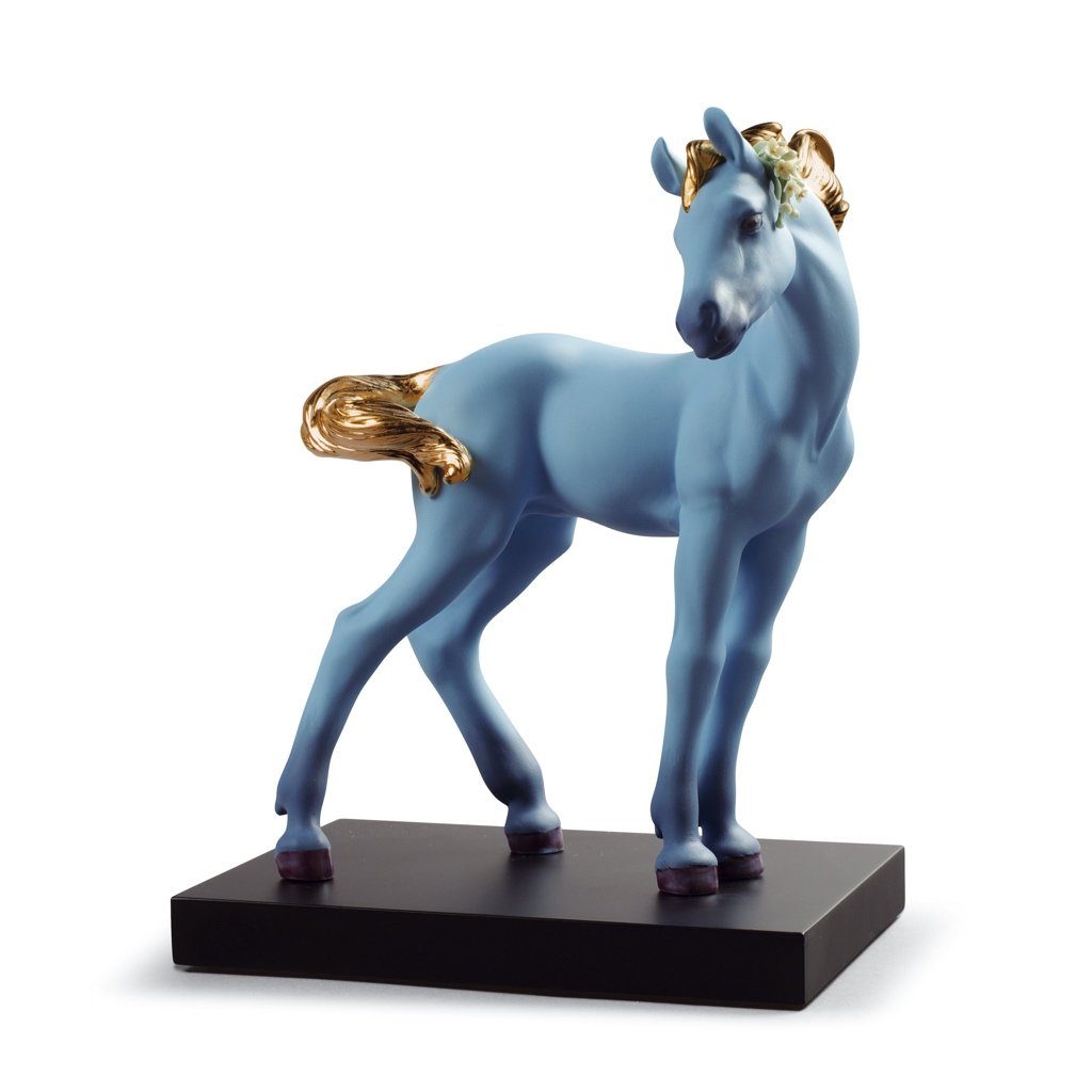 Limited Edition 1888 Lladro Handmade Porcelain Figurine of a Blue Horse with Gold Luster Accents from Chinese Zodiac Collection
