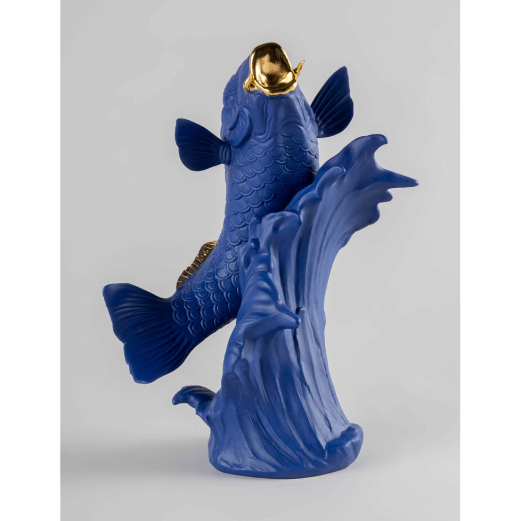 Limited Edition Lladro Blue-Gold Porcelain Koi Fish Figurine with Exclusive Artisan Craftsmanship