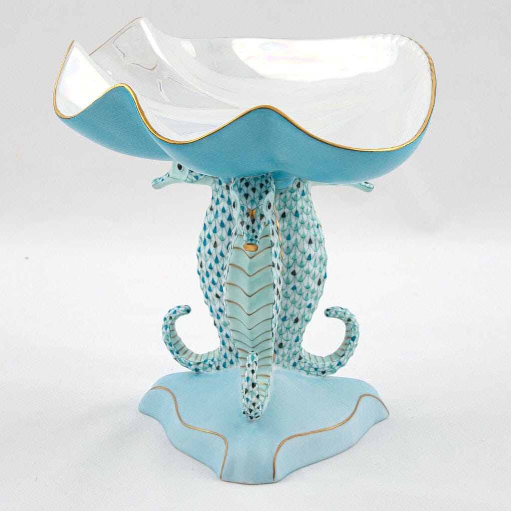 Limited Edition Herend Hand - painted Porcelain Seahorse Shell Compote