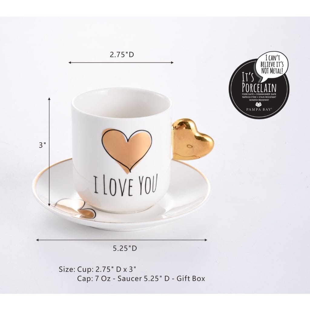 Pampa Bay High - fired White Porcelain Heart - shaped Coffee Cup & Saucer Set with Gold Titanium Finish