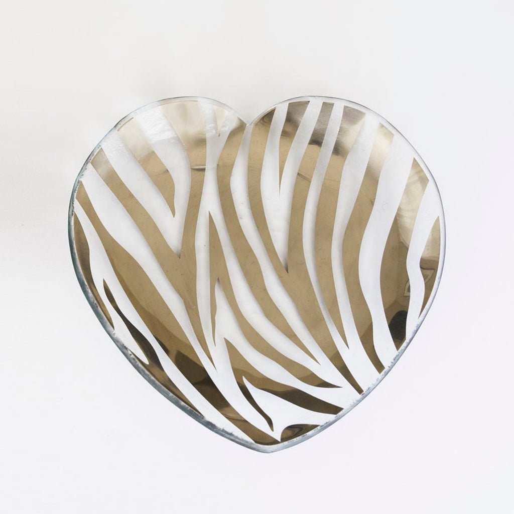 Hand-crafted USA Annieglass Heart Plate with Platinum Zebra Stripes