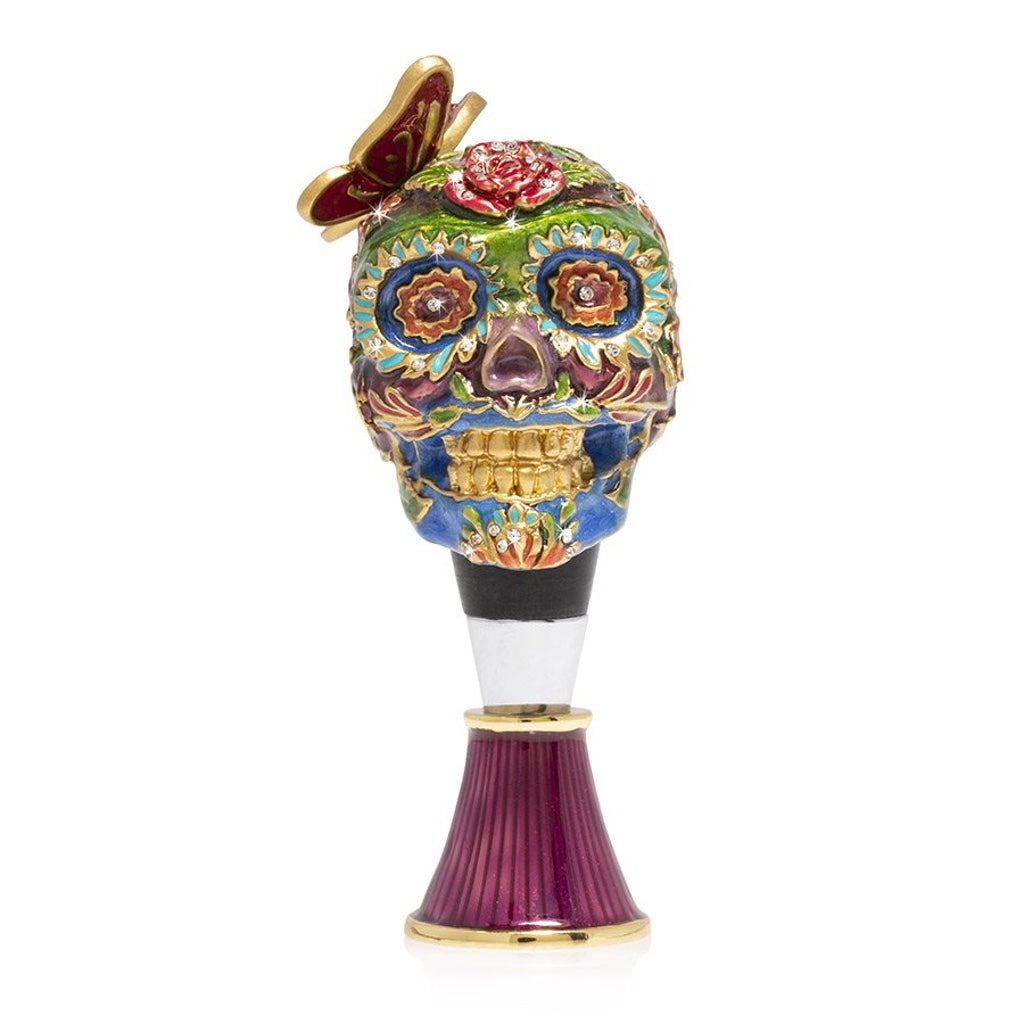 Jay Strongwater Decorative Calavera Sugar Skull Wine Stopper with Matching Hand - Enameled Metal Display Stand