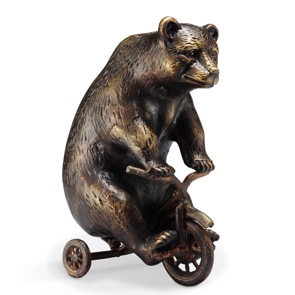 Bronze-Colored Big Bear Sitting on a Small Tricycle Aluminum Garden Sculpture