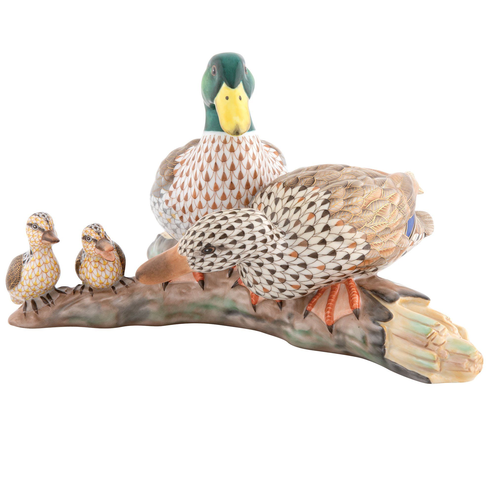 Limited Edition Herend Hand - painted Mallard Duck Family Porcelain Figurine