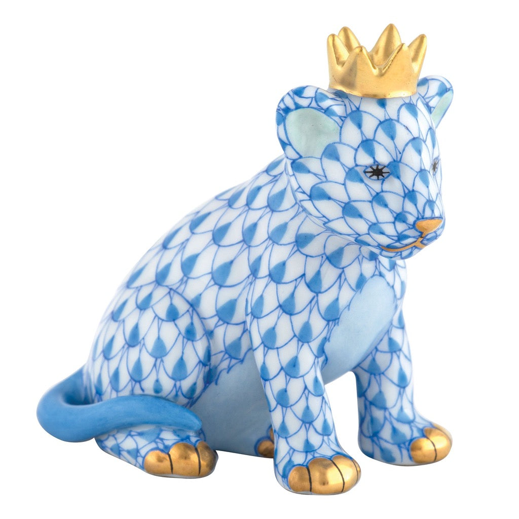 Exquisite Herend Hand - made Porcelain Lion Cub Figurine Wearing a Crown