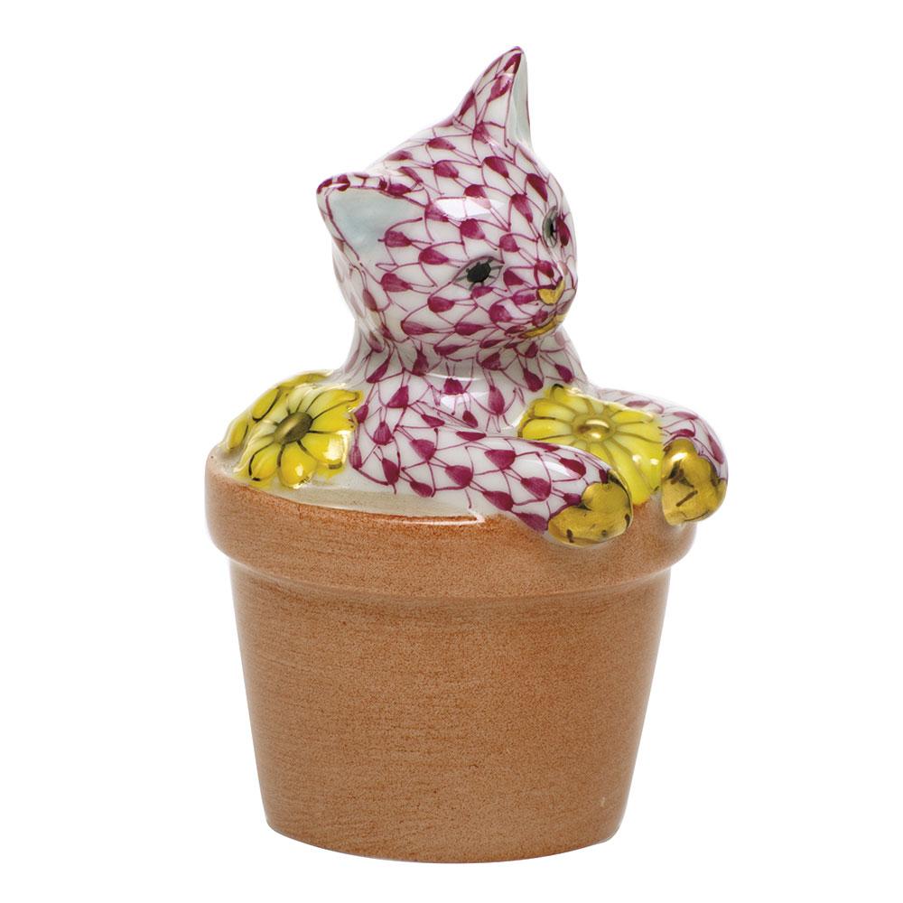 Exquisite Hand - painted Herend Kitty Figurine in Flower Pot Style