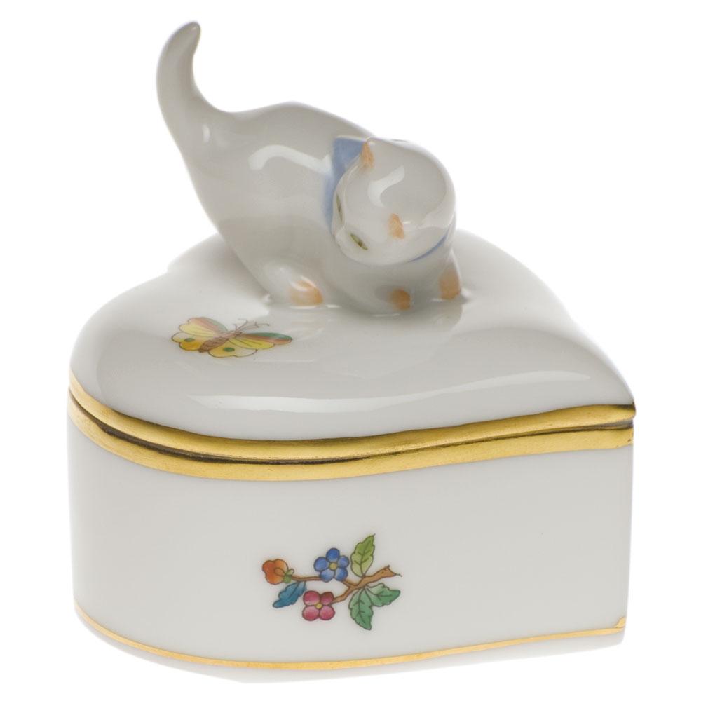 Exquisite Hand - painted Herend Heart - shaped Box with Cat Figurine