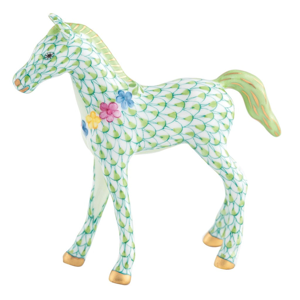 Herend Handmade Porcelain Figurine of a Playful Foal Adorned with Flowers