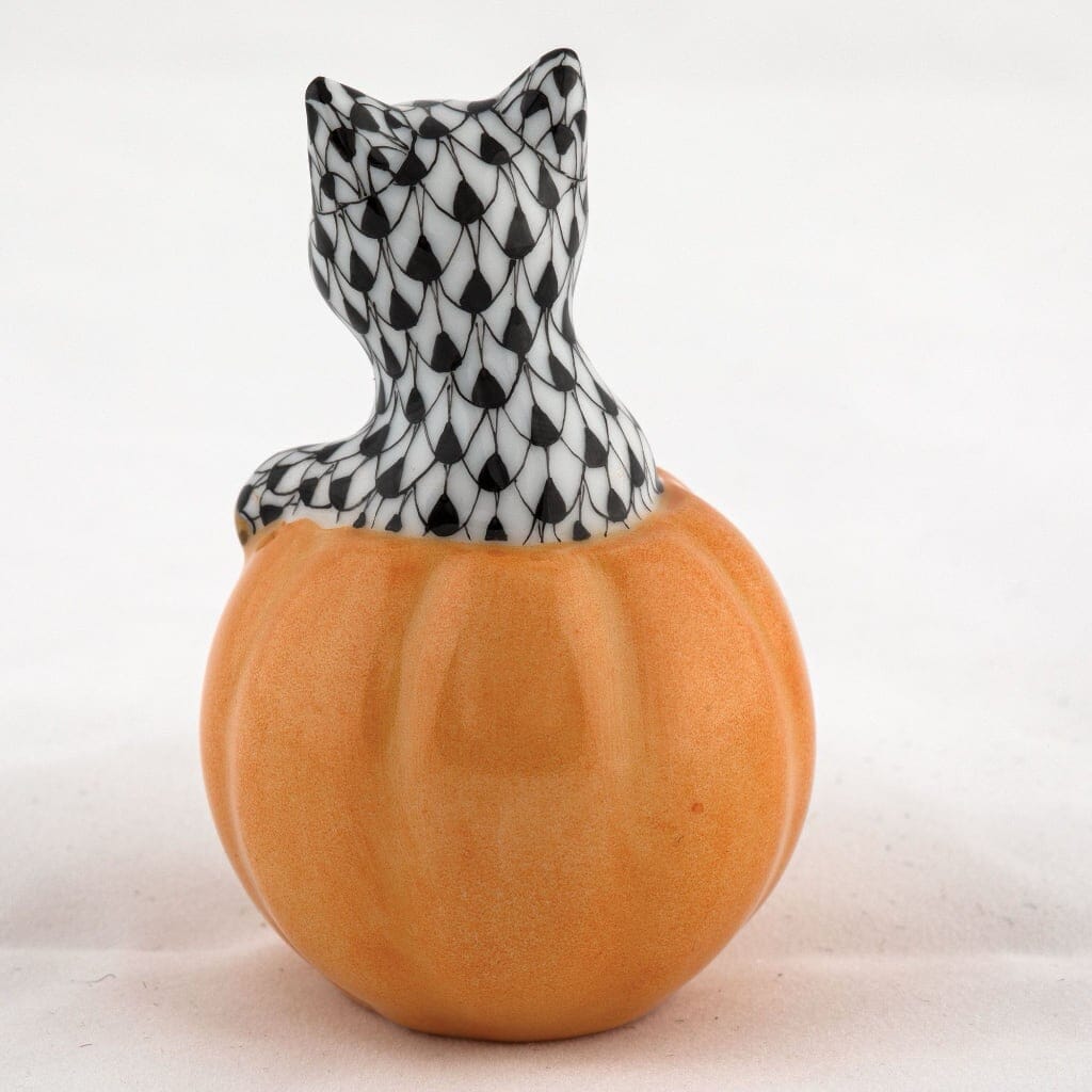 Handmade Herend Jack O Lantern Style Kitty Porcelain Figurine for Decor