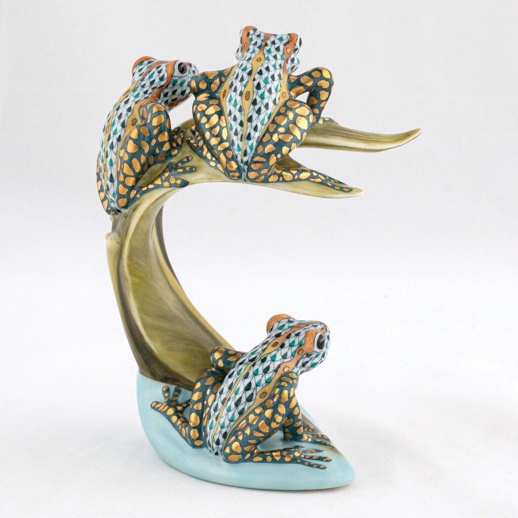 Limited Edition Herend Hand - Painted Porcelain Figurine Featuring Three Tree Frogs on Palm Fronds