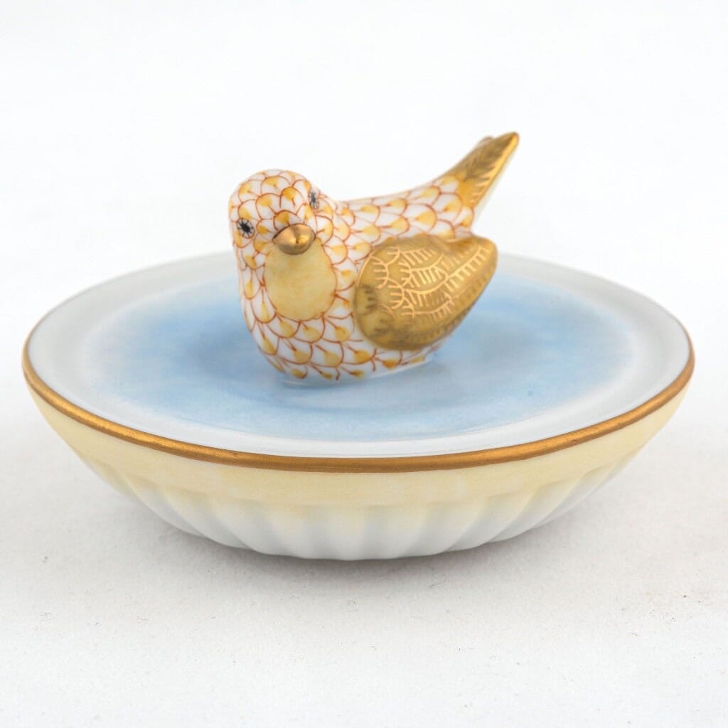 Handmade Herend Porcelain Figurine of a Bird Enjoying a Bath