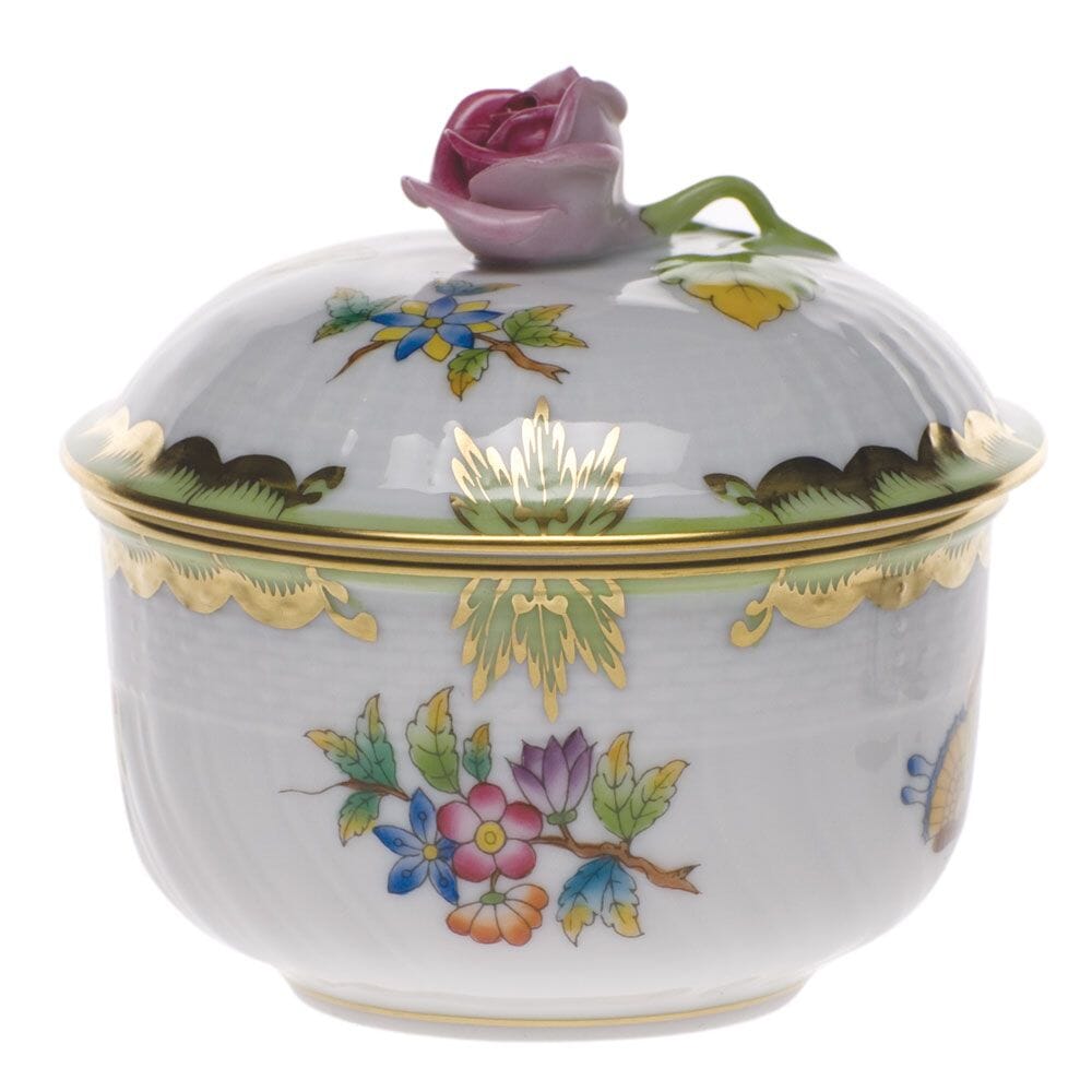 Herend Fine Porcelain Queen Victoria Pattern Covered Sugar Bowl with Hand - Sculpted Rose, 4 Ounce Capacity