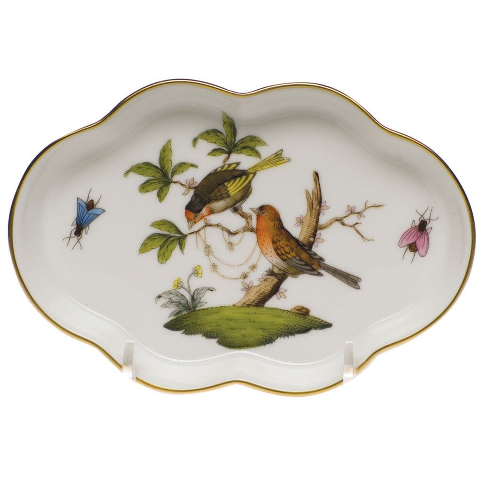 Exquisite Herend Rothschild Bird Porcelain Small Scalloped Tray with 24K Gold
