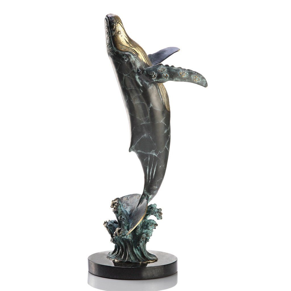 Large Handcrafted Brass Humpback Whale Sculpture with Marble Base