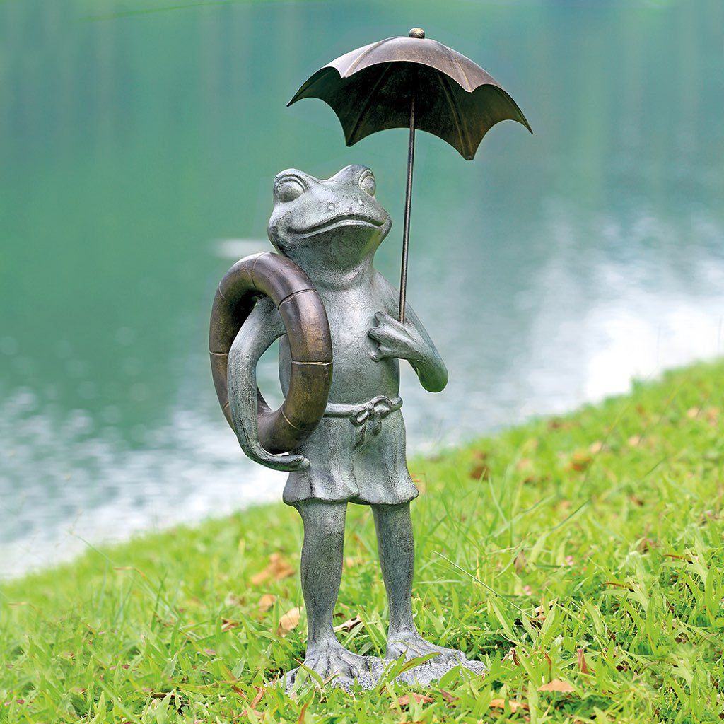 2019 SPI Aluminum Garden Frog Sculpture with Sun Umbrella and Pool Floatie