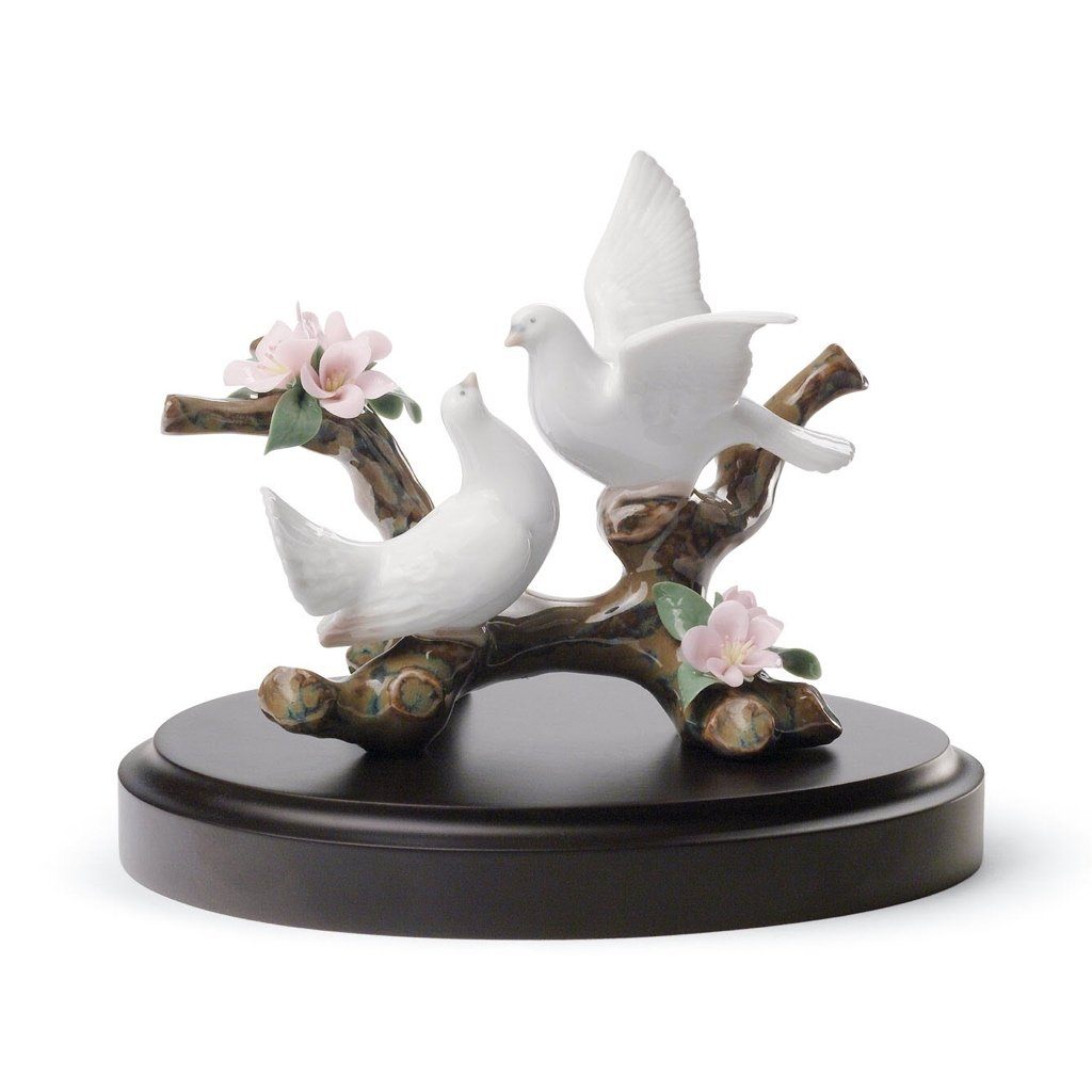 Exquisite Handmade Lladro Porcelain Cherry Tree with Doves Figurine