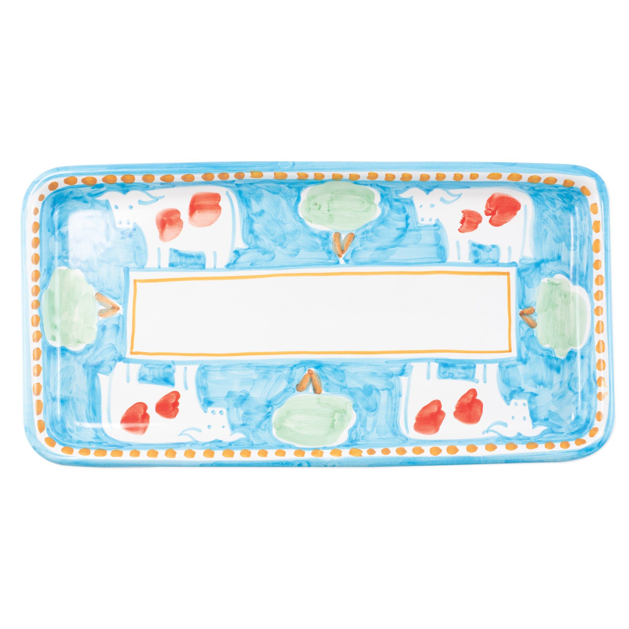 Handmade Vietri Campagna Mucca Blue Rectangular Platter with Orange Accents