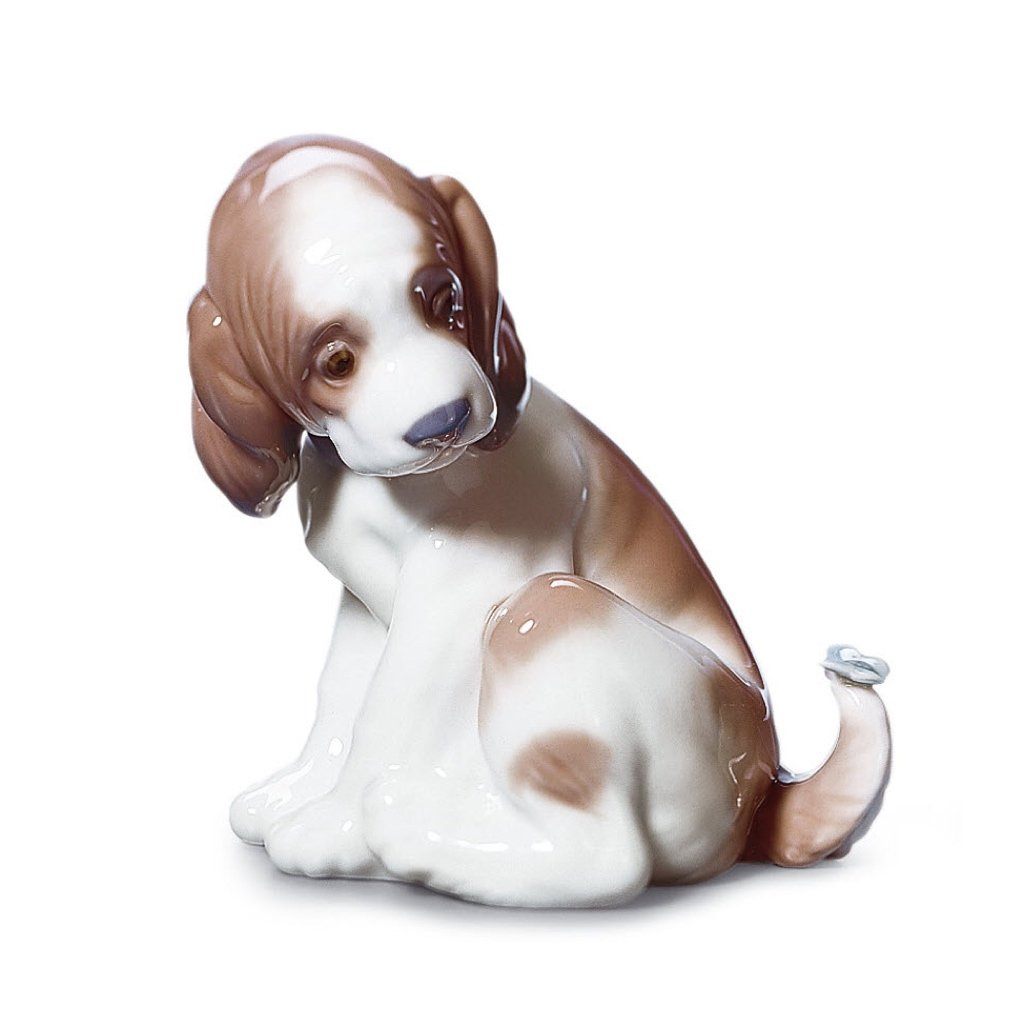 Exquisite Handmade Lladro Porcelain Figurine of a Puppy Surprised by a Butterfly