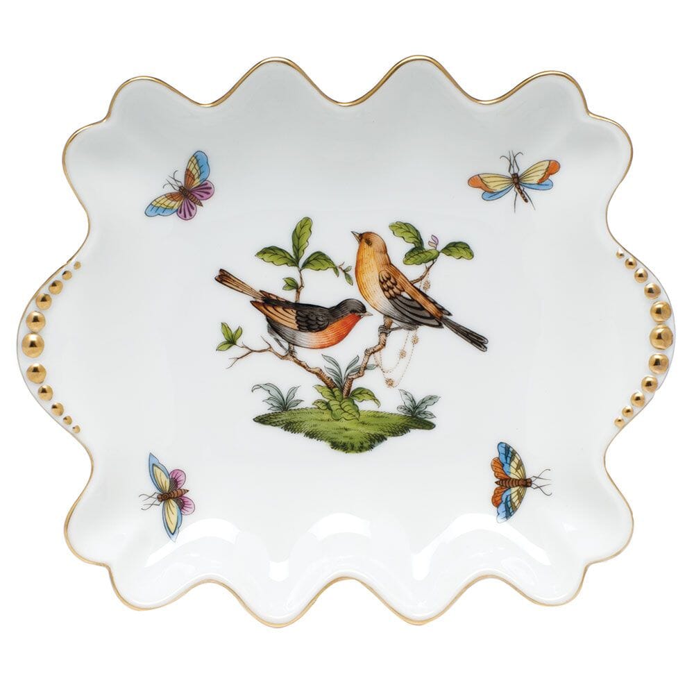 Herend Rothschild Bird Collection's Exquisite Small Dish Decorated With Pearl Embellishments