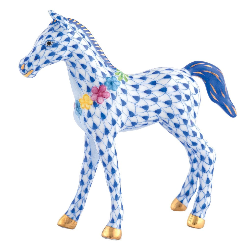 Herend Handmade Porcelain Figurine of a Playful Foal Adorned with Flowers