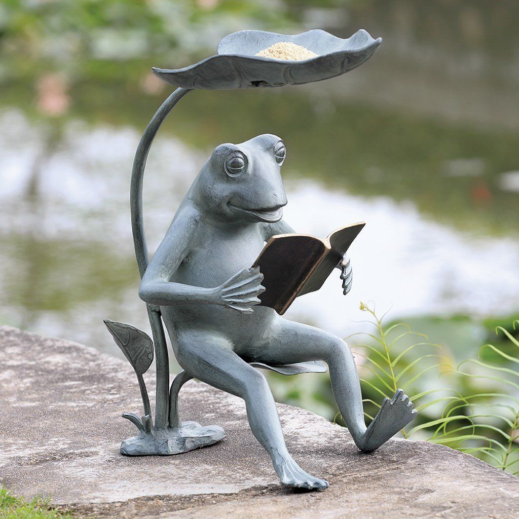 Solar-Powered LED Lighted SPI Garden Decorative Reading Frog-Shaped Birdfeeder
