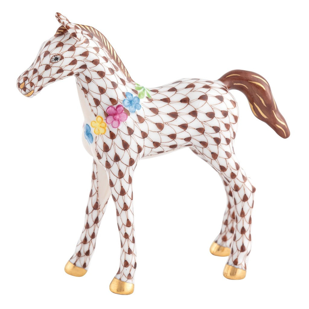 Herend Handmade Porcelain Figurine of a Playful Foal Adorned with Flowers
