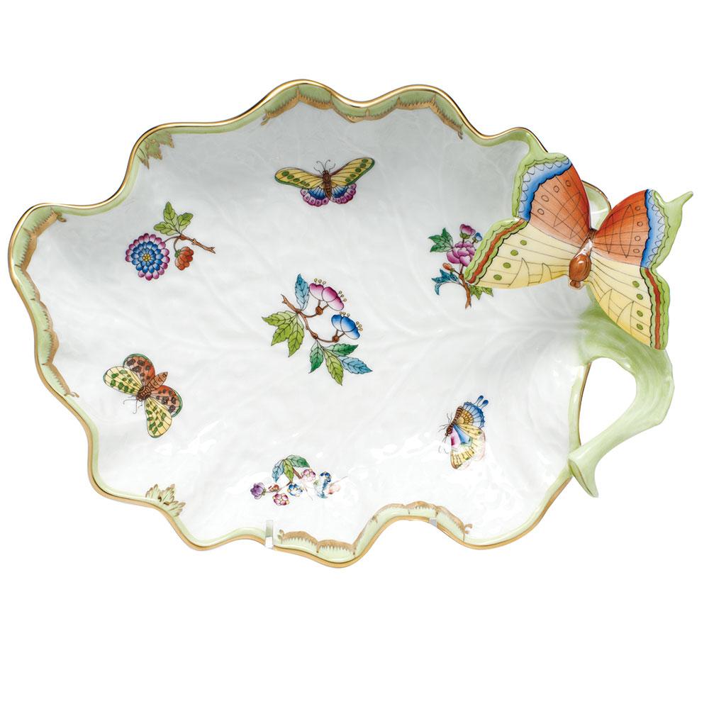 Large Hand - painted Herend Porcelain Dish Adorned with Butterfly