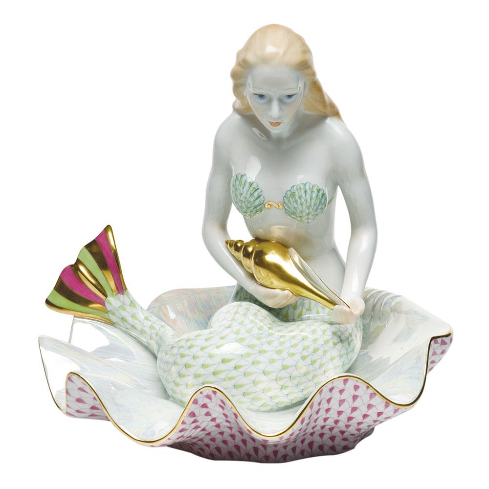 Limited Edition Herend Hand - painted Porcelain Mermaid on Shell Figurine