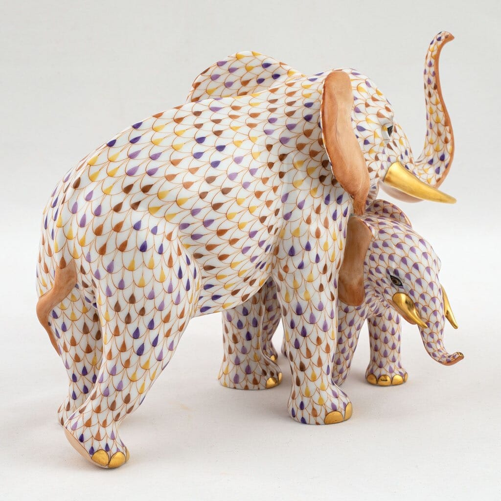 Limited Edition Herend Hand - painted Mother and Baby Elephant Porcelain Figurine