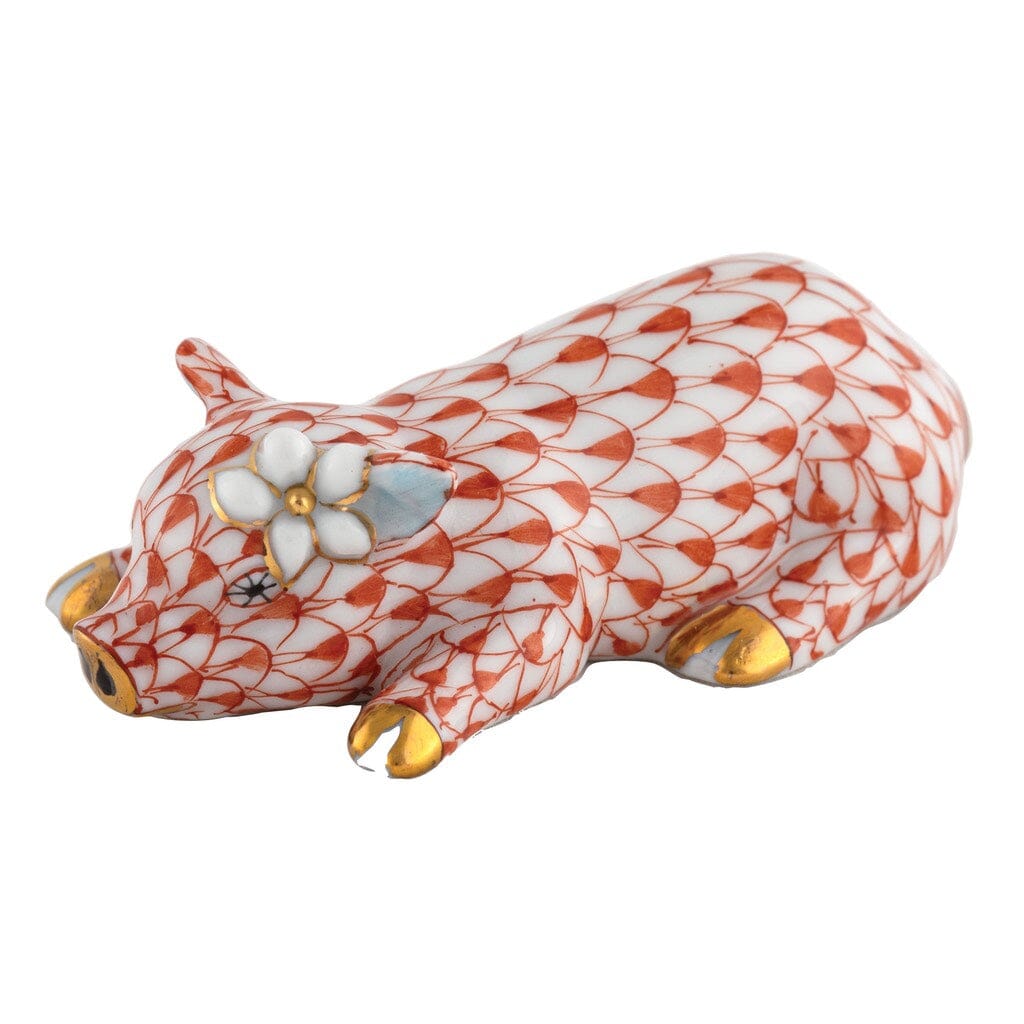 Exquisite Handmade Herend Porcelain Figurine of Daisy the Pig with a Daisy on Her Ear