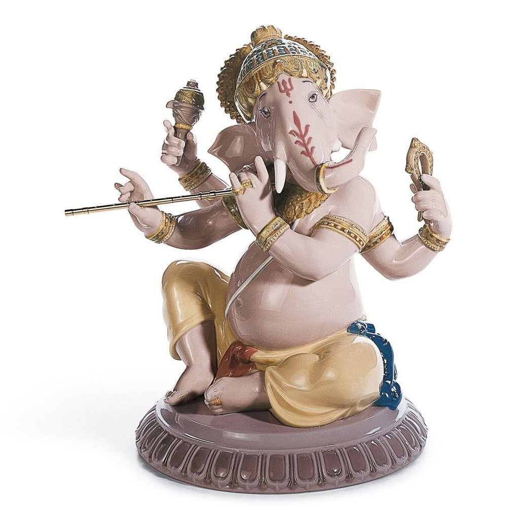 Exquisite Lladro Handmade Porcelain Hindu God Ganesha Bansuri Figurine