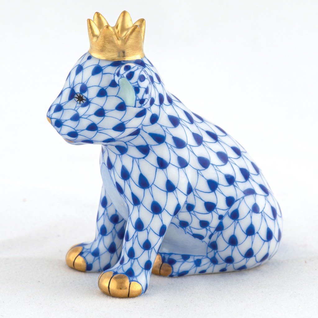 Exquisite Herend Hand - made Porcelain Lion Cub Figurine Wearing a Crown