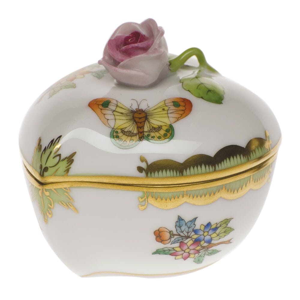 Herend Exquisite Queen Victoria Pattern Heart - Shaped Bonbon Box Adorned with a Rose