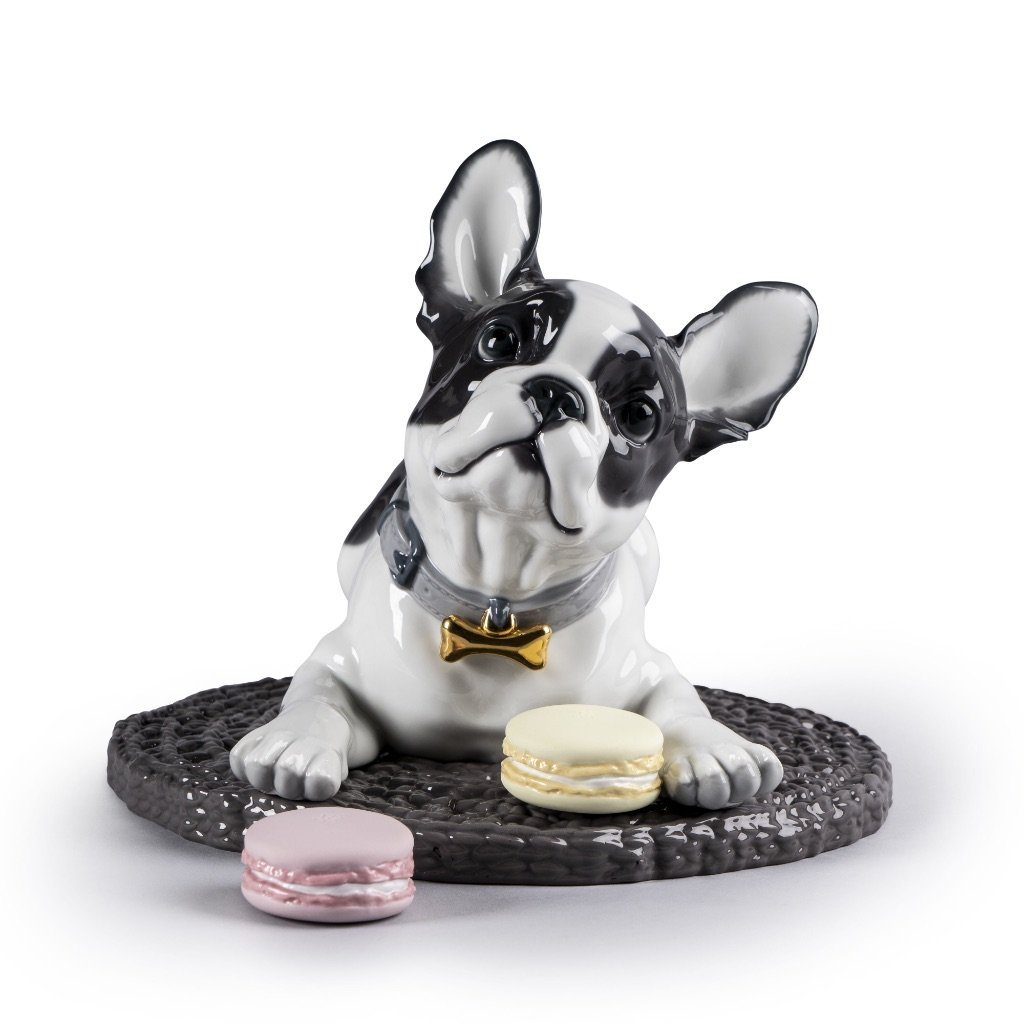 Lladro Handmade Porcelain Collectible Figurine of French Bulldog Alongside Macarons